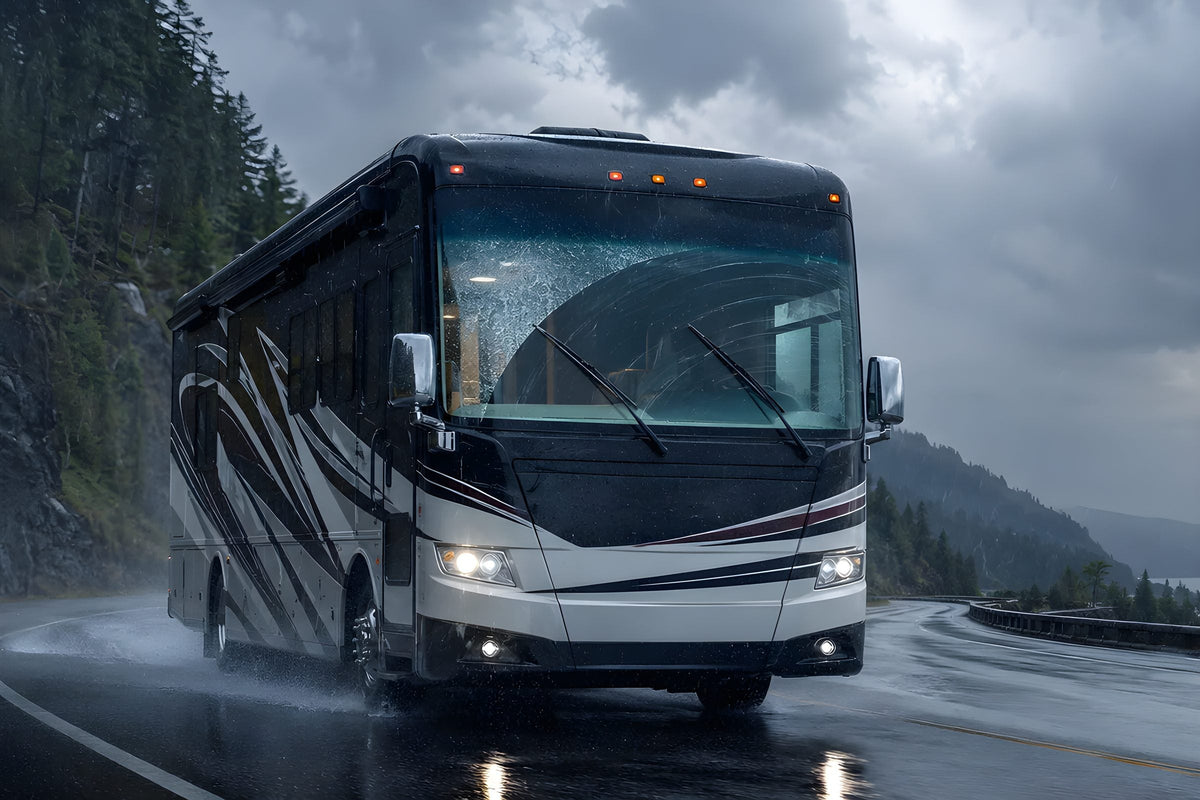 Motorhome driving on a wet mountain road in the rain with wipers on